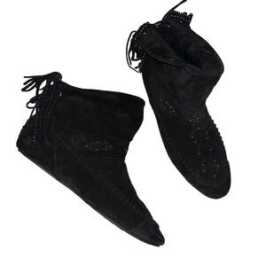 SAINT LAURENT boot bootie moccasin black EU 39 suede leather fringe studded new
